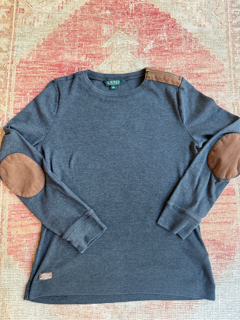 Lauren Ralph Lauren Charcoal Gray Long-Sleeve Top with Brown Elbow Patches